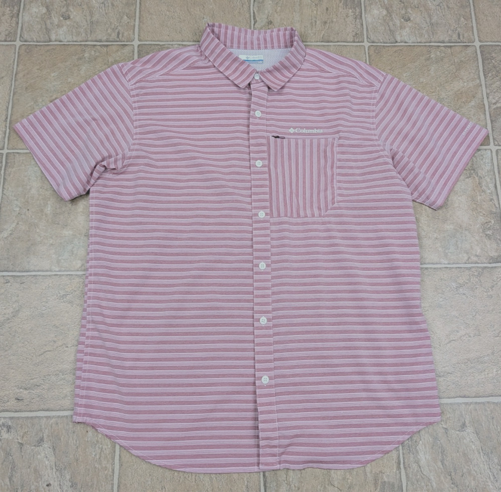Columbia men sz L Omni Shade Fishing Shirt vented stripes pinks ss top 0236